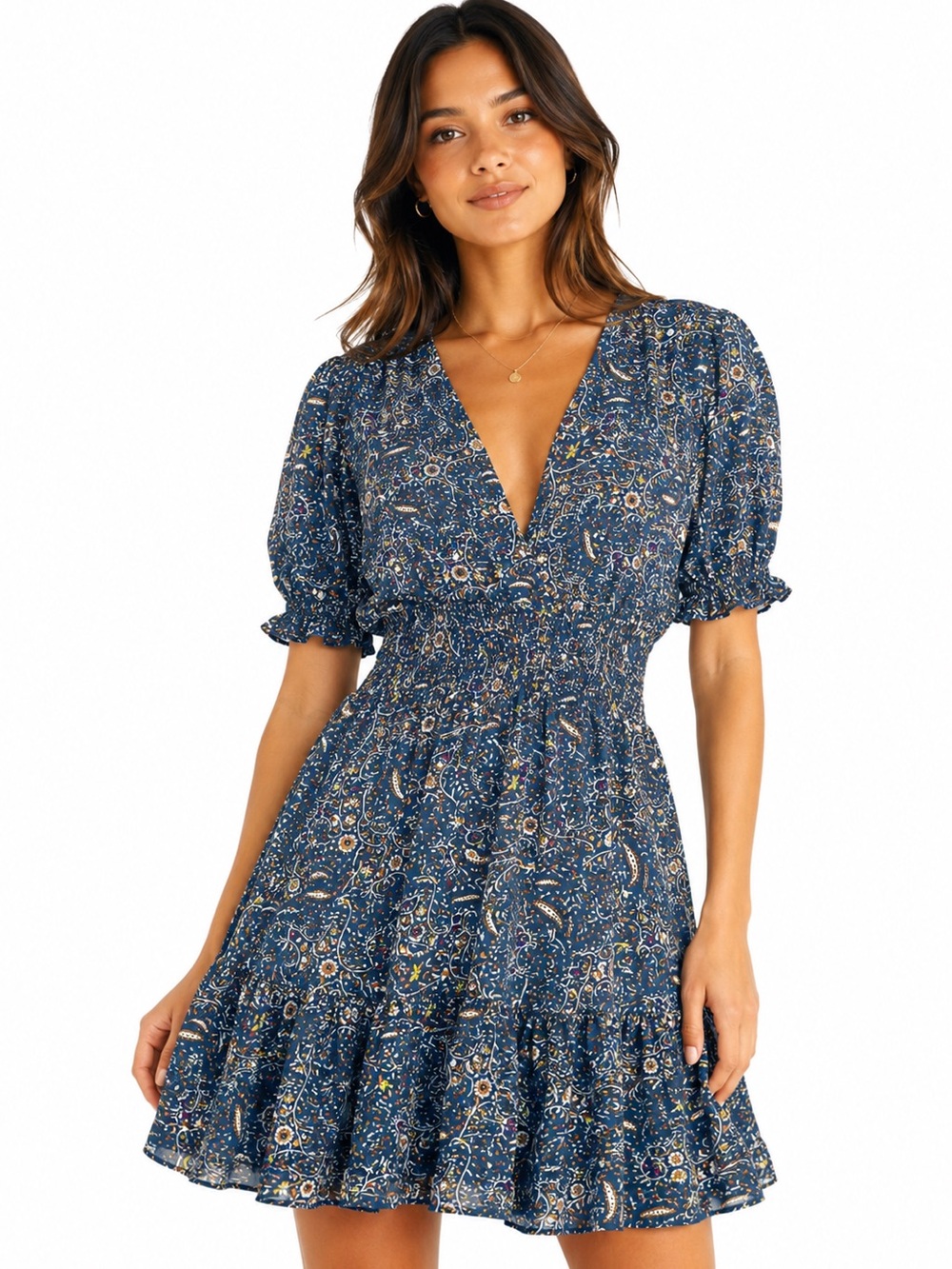 AQUA Boho Smocked Paisley Mini Dress Ruffle Cottagecore Vacation Coquette M